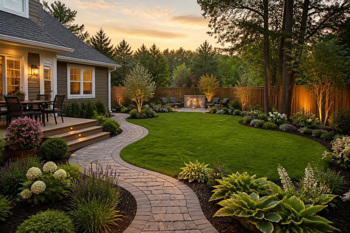 Beautifully landscaped backyard with lush lawn, garden beds, and paver walkway at sunset